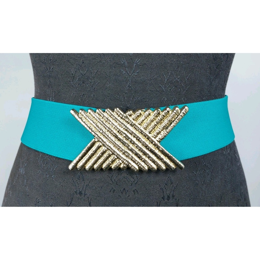 Charmant Inc. Vintage 80s Teal Stretch Belt Gold X Buckle Medium 2"x27" (Flat)